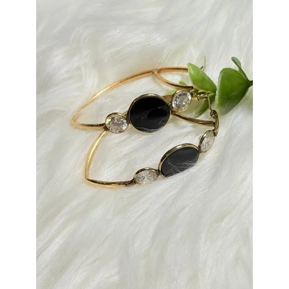 14K Gol Onyx/Cz‎ Hoops Earrings